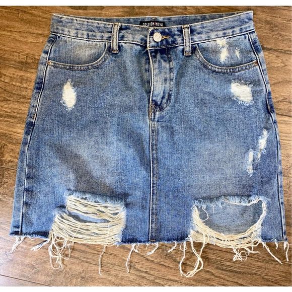 Fashion Nova Rough And Rigid Distressed Denim Mini Skirt - Light Blue Wash - Picture 1 of 6